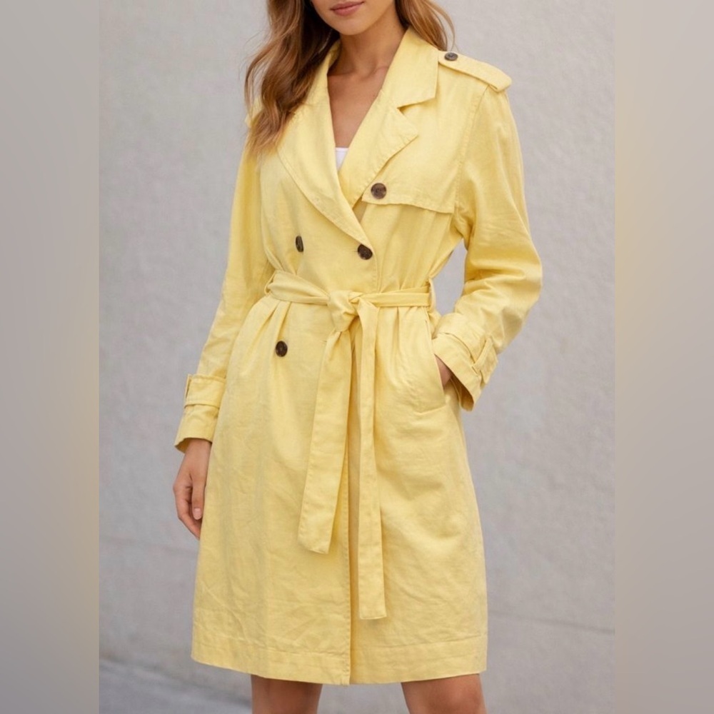 New Day Women's Yellow Linen Blend Double Breasted Belted Trench Coat Size Small - Picture 1 of 11